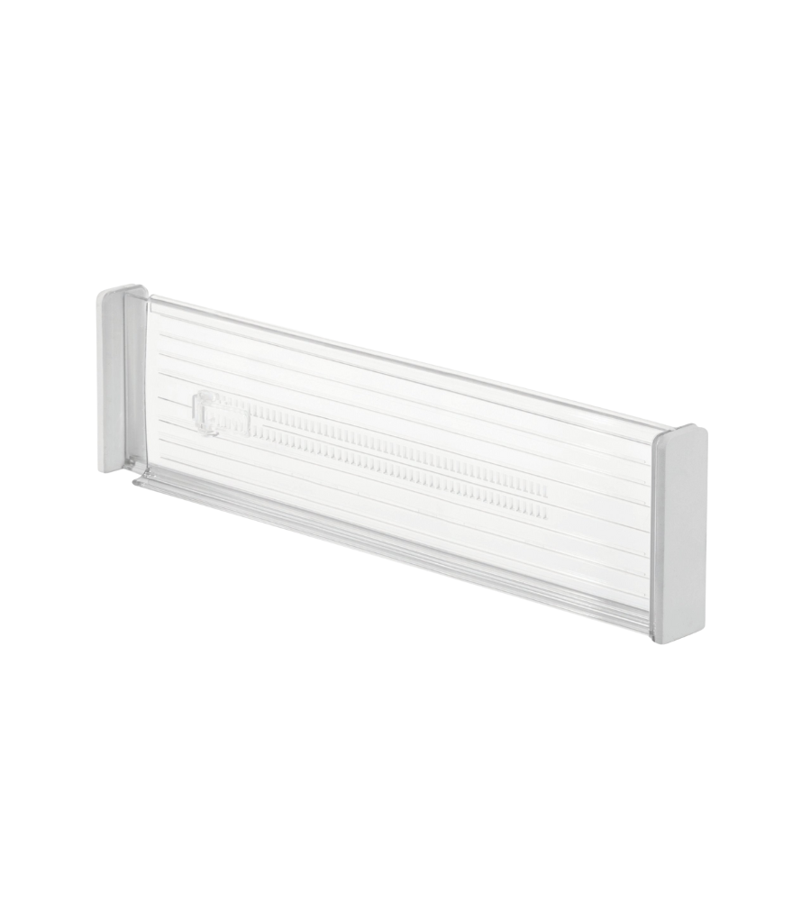 Rechteckiger Plastiktrenner mit horizontalen Linien auf weißem Hintergrund.