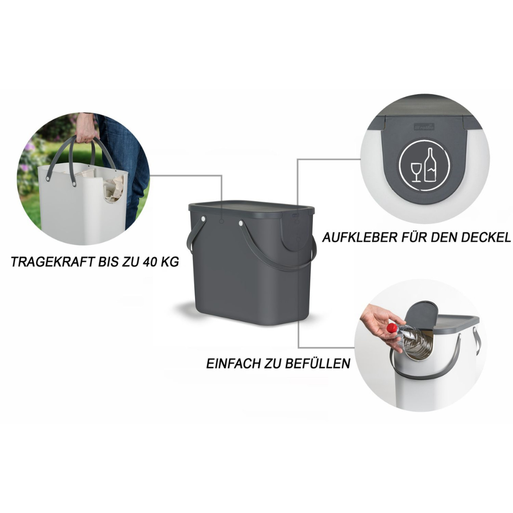 Rotho ALBULA Recycling Müllsystem 25L in Anthrazit: grauer Kunststoffbehälter mit Griff, ideal für die Abfalltrennung. Auf dem Deckel sind Flaschen, Gläser und eine Hand, die aus einer Dose ausschenkt, abgebildet. Inklusive deutschem Text.