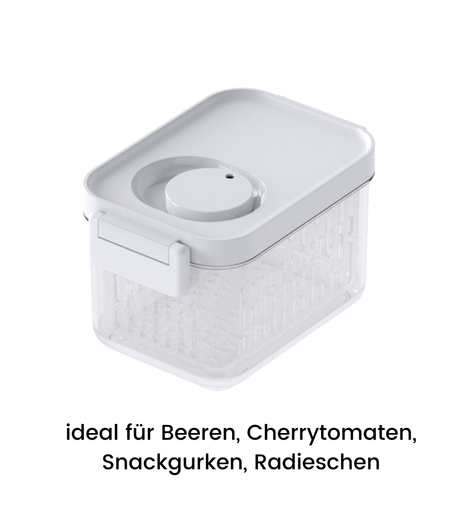 The DATEMATE food storage container from BNB x VCN is transparent, has a white lid, a shelf life timer, and is stackable. Ideal for berries, cherry tomatoes, snack cucumbers, and radishes. Available in various sizes.
