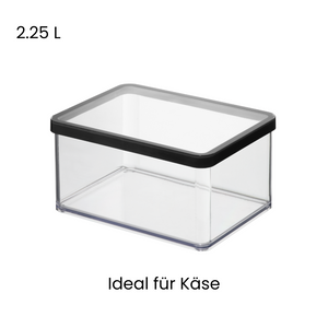 Transparente Box mit schwarzem Deckel, Text „2.25 L, Ideal für Käse“.