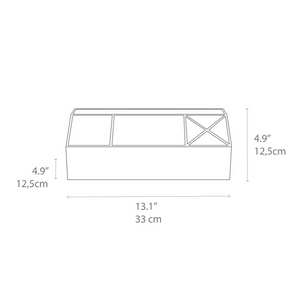 Strichzeichnung des Bigso ELISA Schreibtisch Organizer - Linnen Canvas in Beige, 12,5 cm hoch und 33 cm breit, mit Inneneinteilung - ideal für die Schreibtischorganisation. Die Abmessungen sind zur besseren Orientierung von vorne dargestellt.
