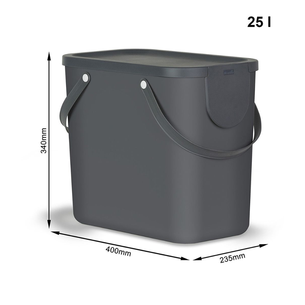 Das Rotho ALBULA Recycling Müllsystem 25L - Anthrazit ist ein stapelbarer, rechteckiger Behälter mit Deckel und seitlichen Griffen (400x235x340mm), perfekt für die Abfalltrennung in Ihrem Recyclingsystem. Fassungsvermögen: 25 Liter.