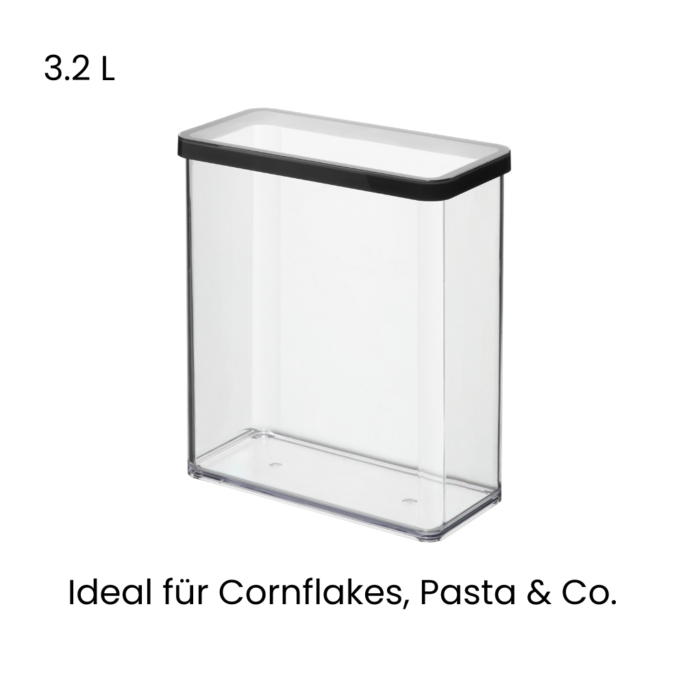 Plastic container, 3.2 L, text "Ideal for cornflakes, pasta, etc.," empty.