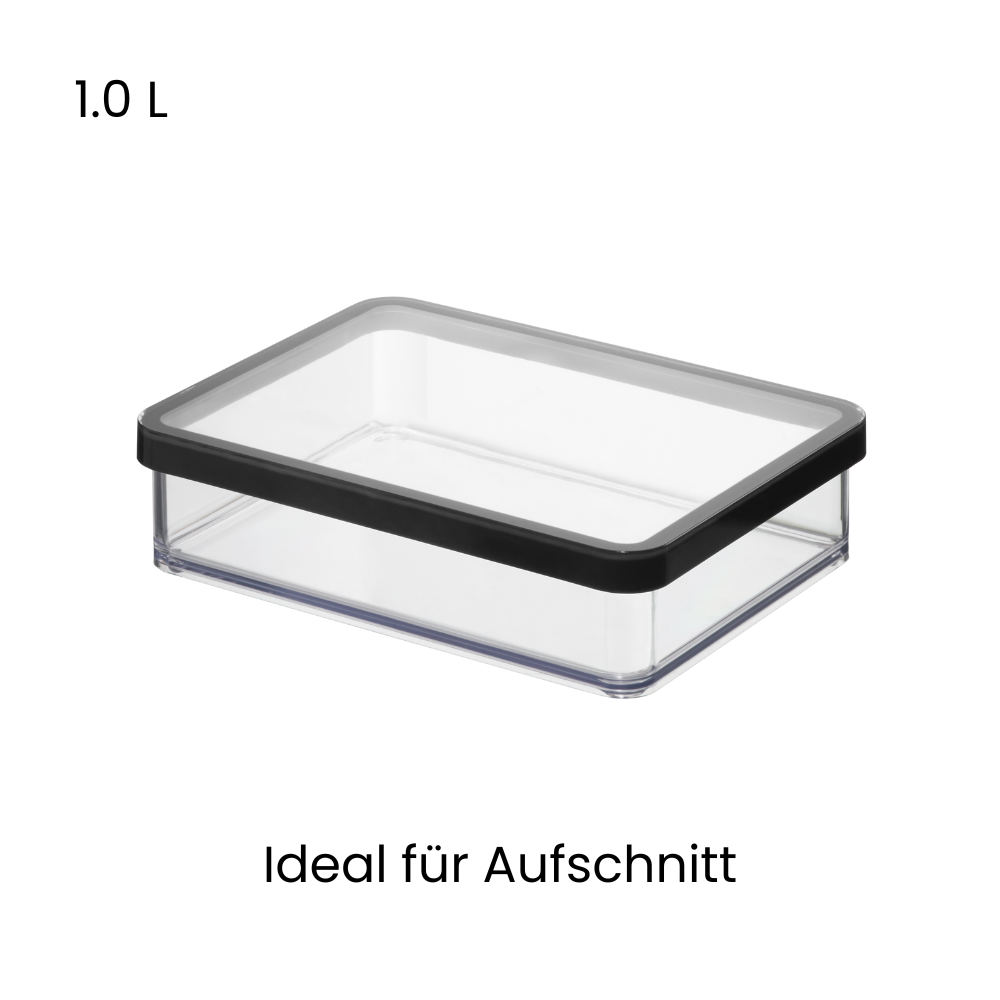 Durchsichtige Box mit Deckel für Aufschnitt, Text „1.0 L“.