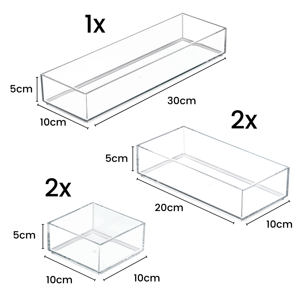 Das iDesign Schubladen Organizer-Set CLARITY (5-teilig) enthält 1 Box (30x10x5cm), 2 Boxen (20x10x5cm) und 2 Boxen (10x10x5cm)-ideal für stilvolle, ordentliche Schubladenorganisation.