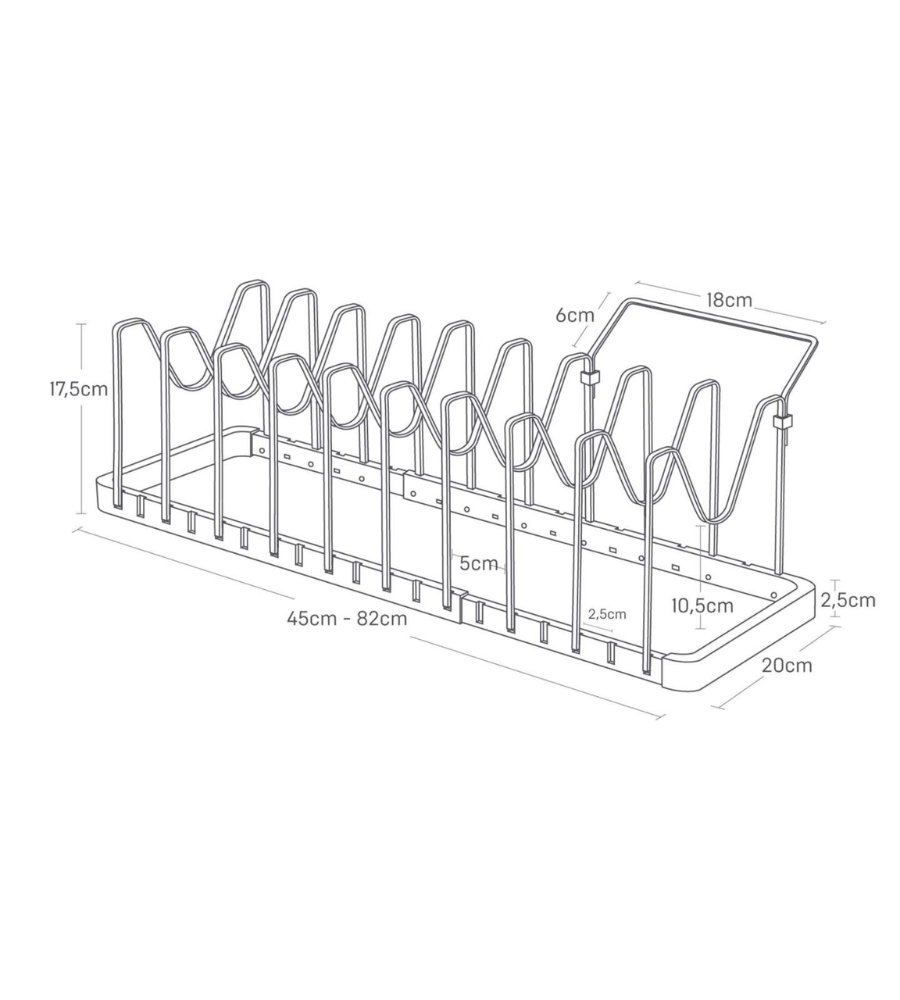 Strichzeichnung des YAMAZAKI TOWER Kochgeschirr-Organizers ausziehbar in Schwarz, zeigt vertikale Trennwände, Maße: 45-82 cm lang, 20 cm breit, 17,5 cm hoch. Perfekt als Pfannen-Organizer für jede Küche geeignet.