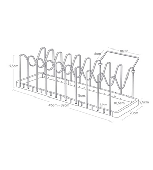 Strichzeichnung des YAMAZAKI TOWER Kochgeschirr-Organizers ausziehbar in Weiß, mit 8 Slots. Maße: Breite 45-82 cm, Höhe 17,5 cm, Tiefe 20 cm; Slot-Abstand 2,5 cm; Endpaneel: 18 x 6 cm.
