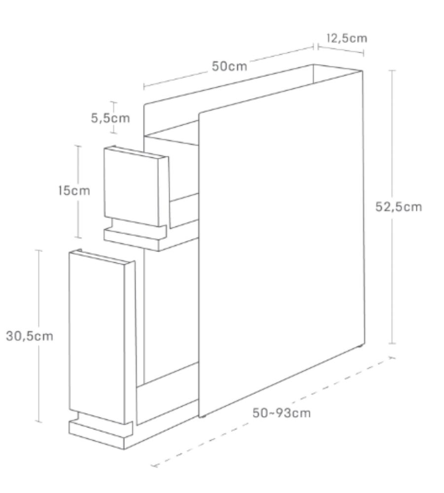 Strichzeichnung des YAMAZAKI TOWER Gewürzregals 2-stöckig - Weiss: rechteckig, 52,5 cm hoch, verstellbare Breite 50-93 cm, Tiefe 12,5 cm; die Schubladen sind 15 und 30,5 cm hoch. Maße deutlich beschriftet.