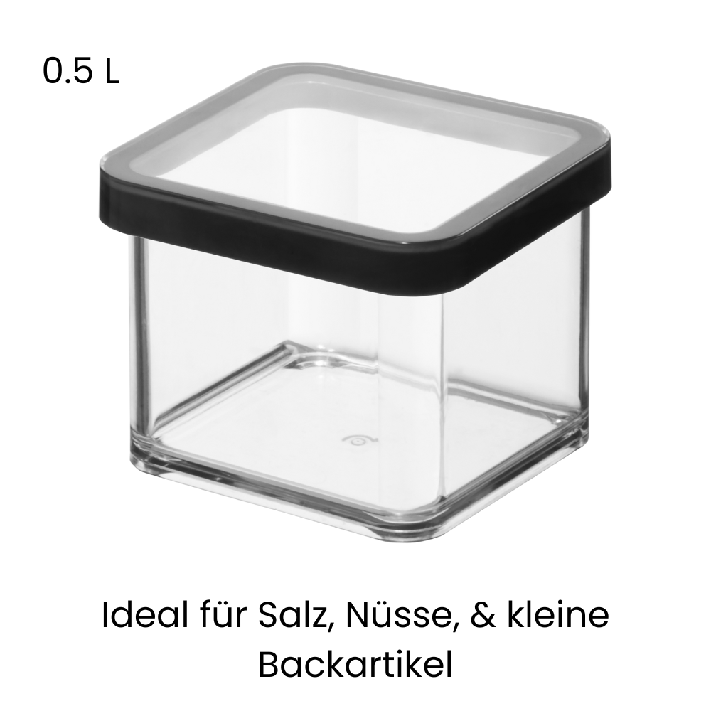 Rechteckiger Behälter 0.5 L, schwarzer Deckel, für Salz, Nüsse.