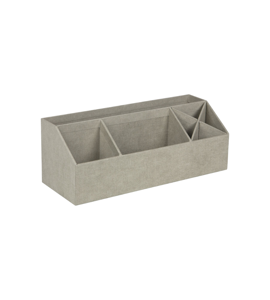 Der Bigso ELISA Schreibtisch Organizer - Linnen Canvas ist ein rechteckiger, grauer Stoff-Schreibtisch-Organizer mit mehreren Fächern für Stifte, Papiere und Büromaterial - perfekt für die Organisation des Schreibtisches und auf einem schlichten weißen Hintergrund abgebildet.