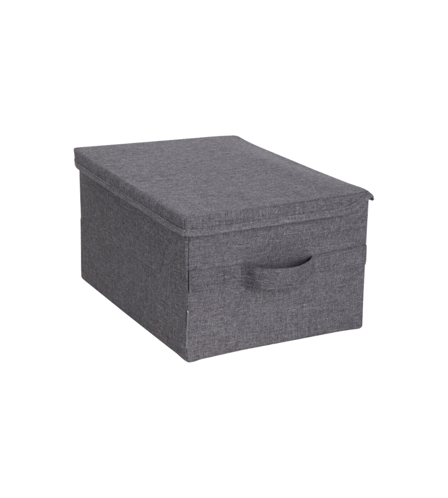 Die Bigso SOFT Aufbewahrungsbox Grau M (40x30x22cm) ist eine rechteckige Aufbewahrungsbox aus grauem Stoff mit Deckel und Griff an der Vorderseite, zusammenklappbar für eine einfache Aufbewahrung und stapelbar, um Platz zu sparen, abgebildet auf einem schlichten weißen Hintergrund.