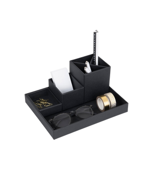 Der LENA Schreibtisch Organizer in Dunkelgrau von Bigso bietet Platz für Stifte, Klebezettel, Gläser, goldene Büroklammern und zwei Rollen Dekoband - ideal für die Organisation Ihres Büroaccessoires.