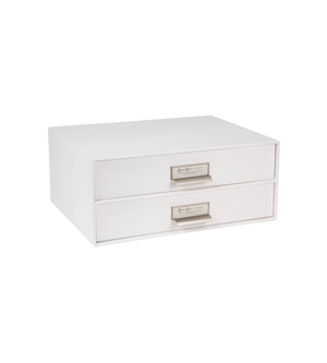 Die Bigso BIRGER Schubladenbox 2 Fächer in Weiß ist mit zwei Schubladen, Etikettenhaltern und Griffen aus Metall ausgestattet und auf einem schlichten weißen Hintergrund abgebildet.