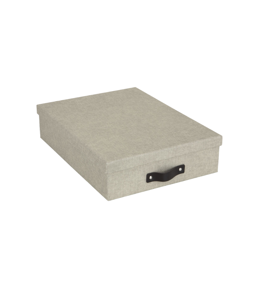 Die Bigso OSKAR Aufbewahrungsbox A4 - Linnen Canvas ist eine rechteckige, beigefarbene Aufbewahrungsbox aus Stoff mit einem Deckel und einem schwarzen Griff an der Vorderseite, die sich perfekt für die Aufbewahrung von Dokumenten eignet. Abgebildet auf einem weißen Hintergrund.