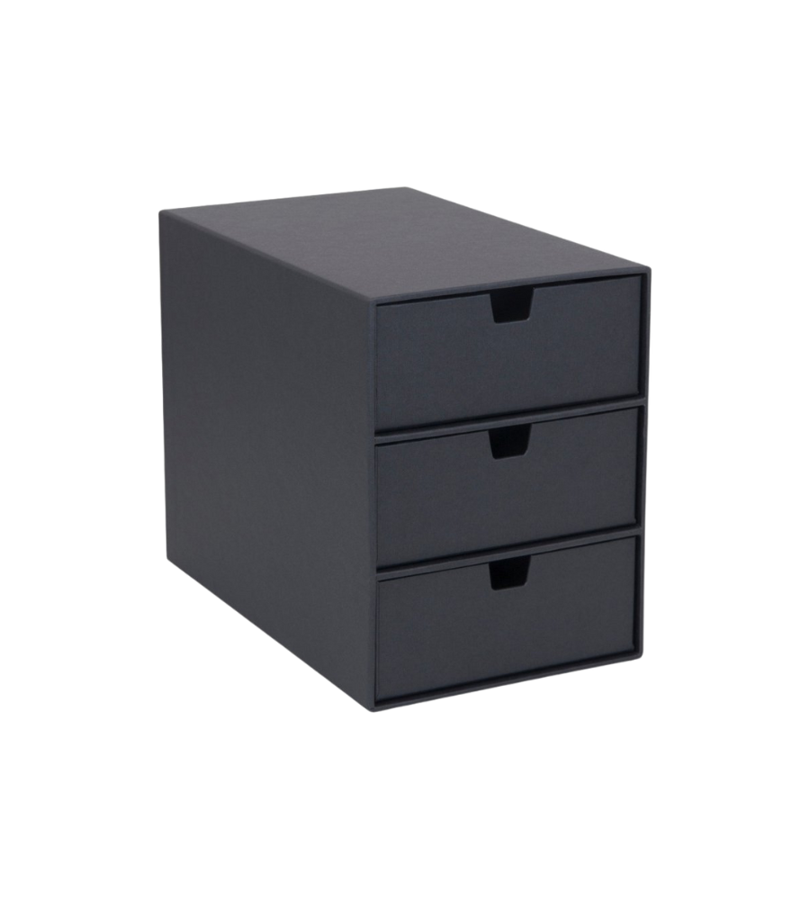 Die Bigso INGRID Schubladenbox mit 3 Fächern in Dunkelgrau ist ideal zur Aufbewahrung von Büroutensilien, Make-up oder Schmuck und wird auf einem schlichten weißen Hintergrund präsentiert.