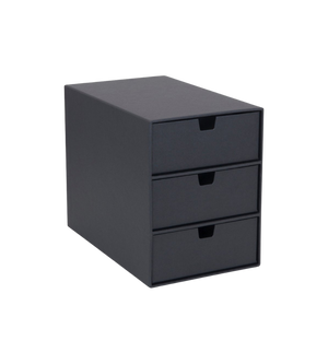 Die Bigso INGRID Schubladenbox mit 3 Fächern in Dunkelgrau ist ideal zur Aufbewahrung von Büroutensilien, Make-up oder Schmuck und wird auf einem schlichten weißen Hintergrund präsentiert.