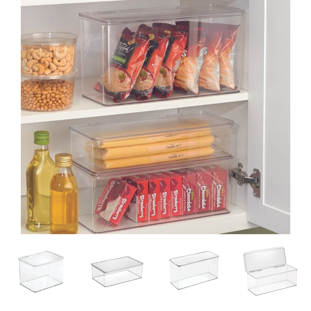 Plastic containers with packaged food in the kitchen cupboard, next to bottles of oil and spices. Variants separate.