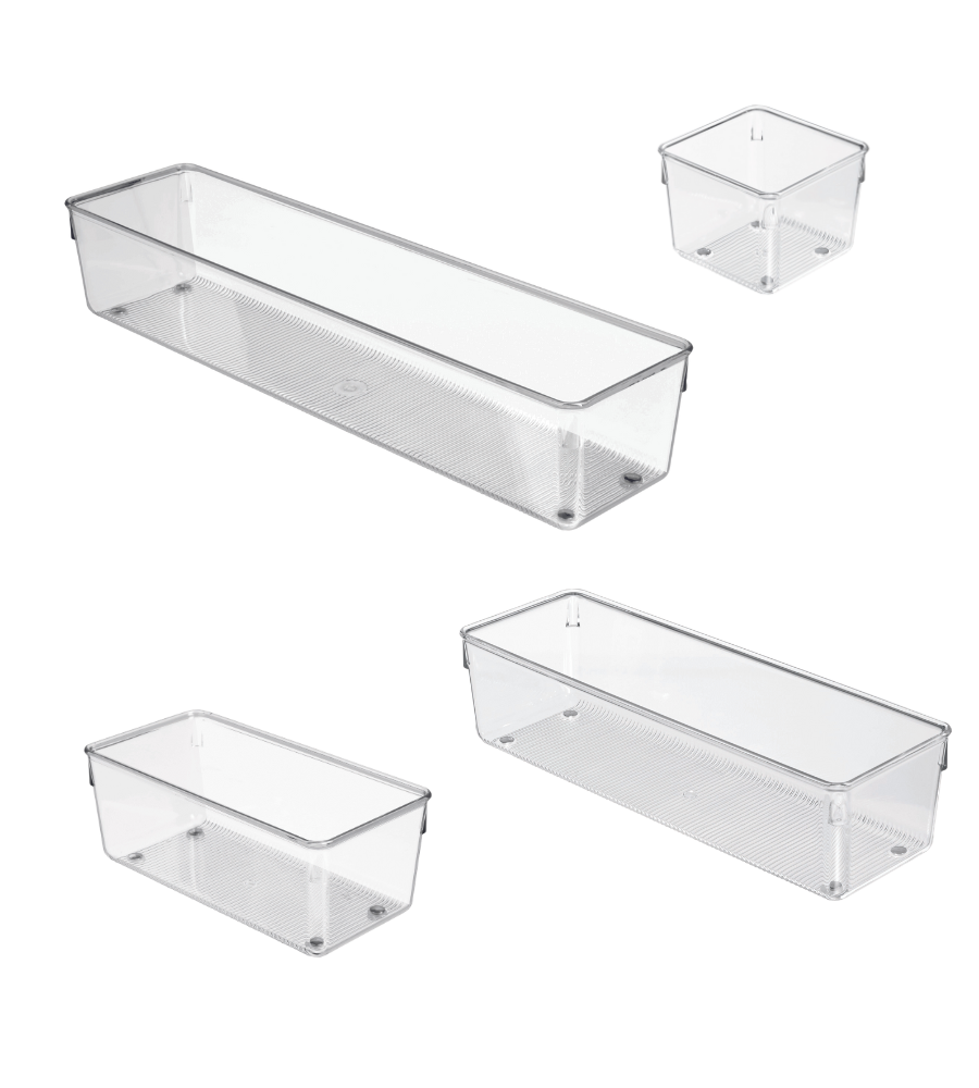 Vier klare iDesign LINUS Schubladenorganizer HOCH Behälter in verschiedenen Größen sind auf weißem Hintergrund angeordnet. Dieses Set enthält zwei kleine und zwei große Organizer, ideal für eine effiziente Aufbewahrung.