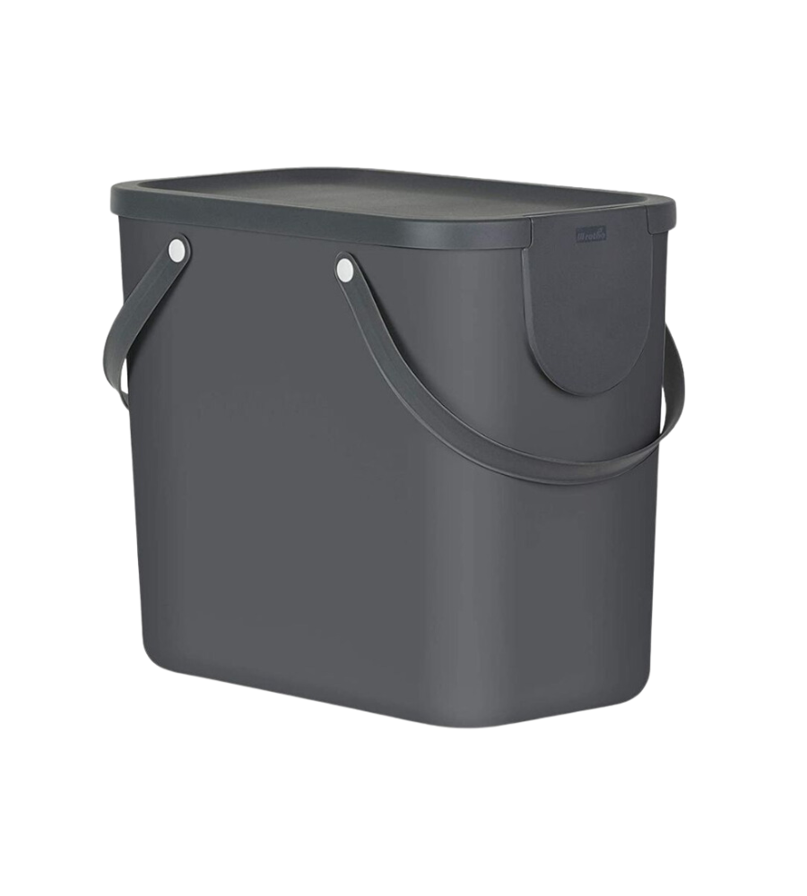 Das Rotho ALBULA Recycling Müllsystem 25L in anthrazit ist ein dunkelgrauer rechteckiger Kunststoffbehälter mit Deckel und seitlichen Griffen, ideal für die stapelbare Abfalltrennung oder Abfallsammlung, abgebildet auf einem schlichten weißen Hintergrund.