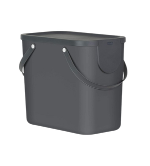 Das Rotho ALBULA Recycling Müllsystem 25L in anthrazit ist ein dunkelgrauer rechteckiger Kunststoffbehälter mit Deckel und seitlichen Griffen, ideal für die stapelbare Abfalltrennung oder Abfallsammlung, abgebildet auf einem schlichten weißen Hintergrund.