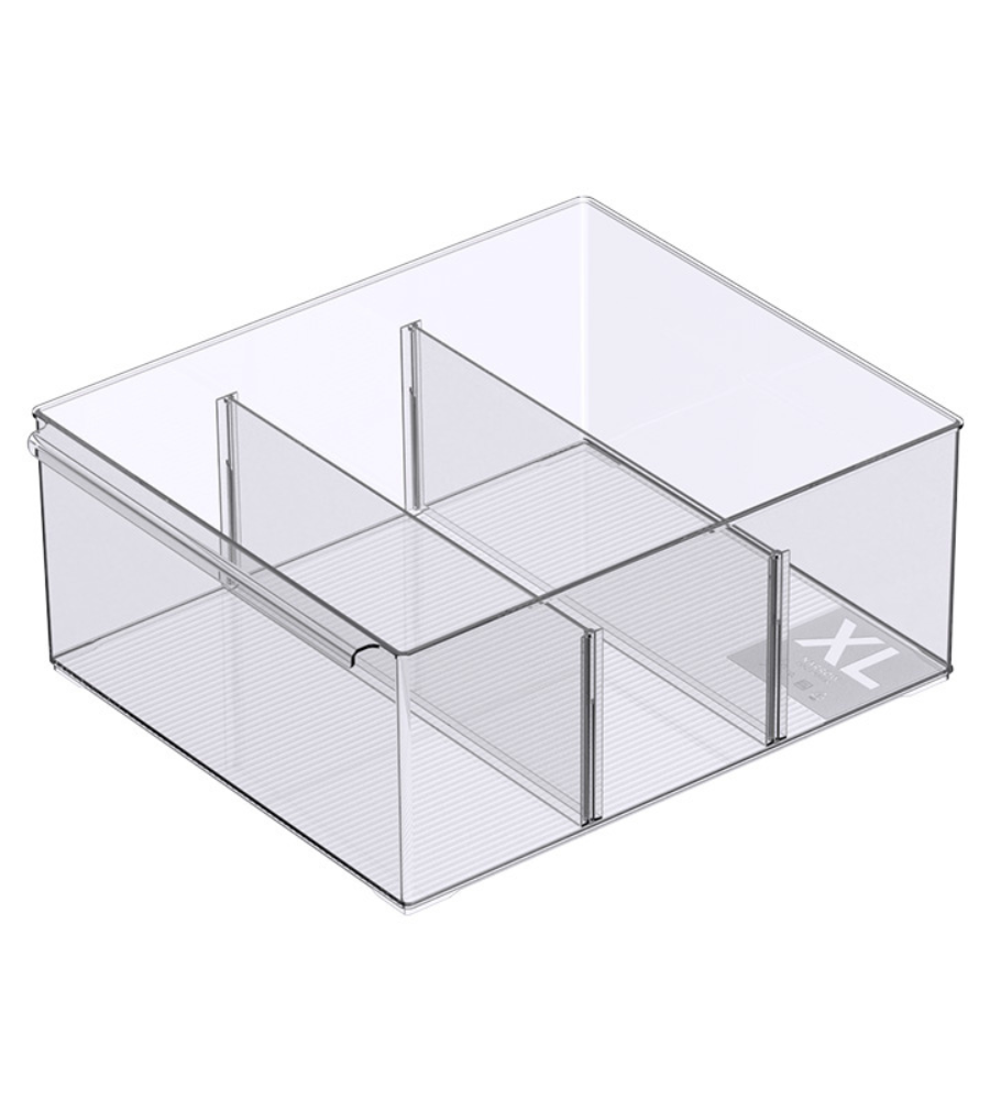Der BNB x VCN Aufbewahrungsbehälter KLAR mit Fächern - extra lang - bietet vier herausnehmbare Fächer zur flexiblen Organisation, ist transparent und in verschiedenen Größen erhältlich.