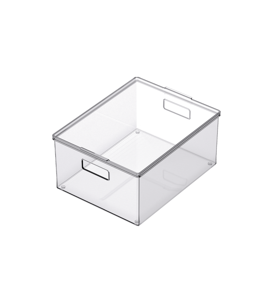 Der BNB x VCN Aufbewahrungsbehälter mit Deckel KLAR - Div. Grössen Extra lang ist ein transparenter, extralanger Behälter mit seitlichen Griffen, der leer auf weißem Hintergrund abgebildet ist. Er ist ideal für die Aufbewahrung und kann mit anderen Behältern gestapelt werden.