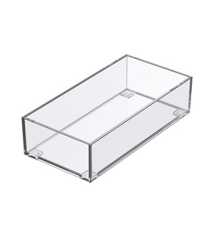 Der SLIDE Schubladen Organizer KLAR von BNB x VCN ist eine klare, rechteckige Aufbewahrungsbox aus Acryl ohne Deckel, ideal zum Stapeln in Schubladen. Abgebildet auf einfarbig weißem Hintergrund.