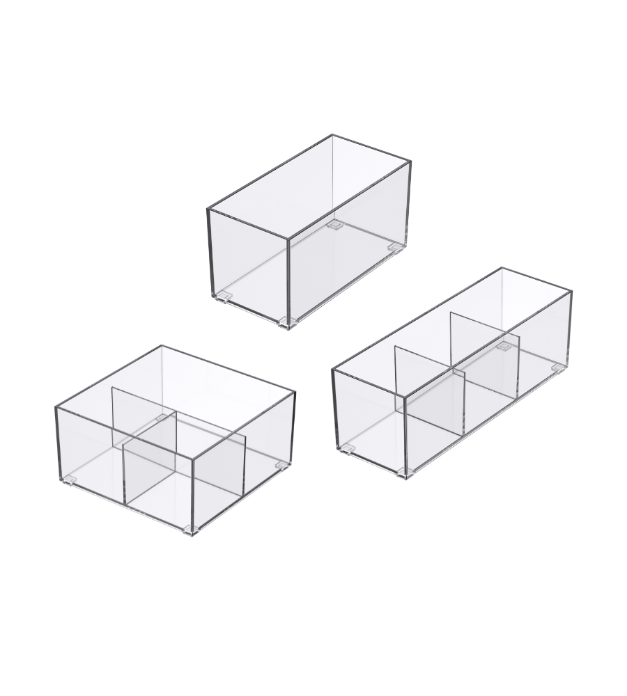 Drei klare, rechteckige SLIDE Schubladen Organizer KLAR - HOCH div. Grössen von BNB x VCN sind auf weissem Hintergrund abgebildet. Sie sind unterschiedlich gestaltet und eignen sich ideal für eine effiziente, stapelbare Schubladenorganisation.