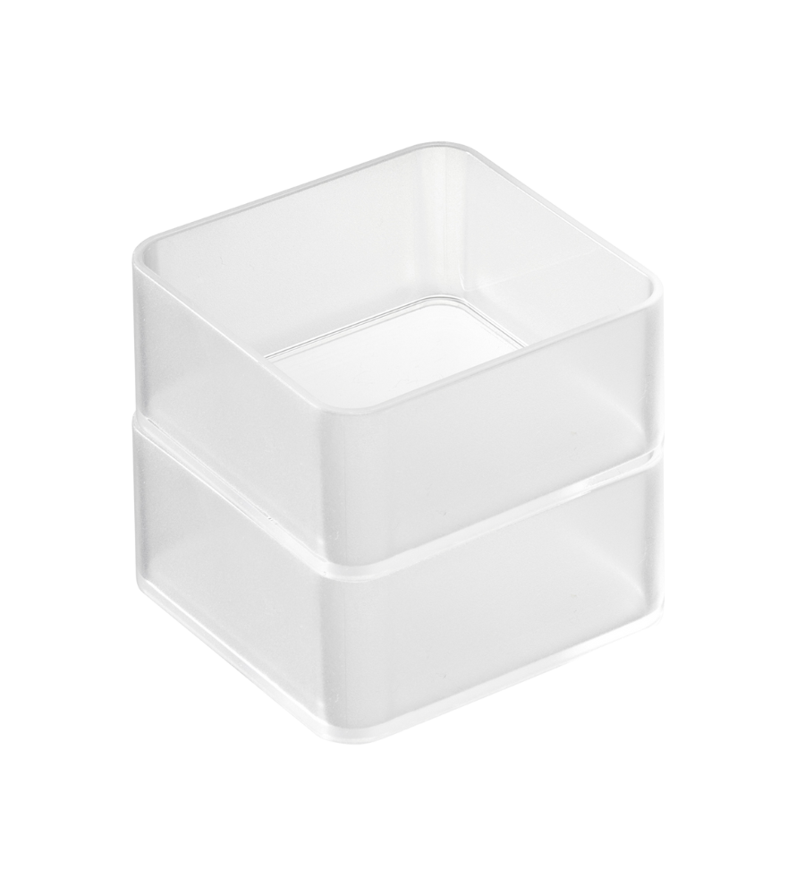 Zwei transparente, rechteckige TOWER Schubladen Organizer Weiss S von YAMAZAKI (Set 2 Stk.) sind übereinander auf weißem Hintergrund gestapelt - ideal, um Schubladen ordentlich zu organisieren.