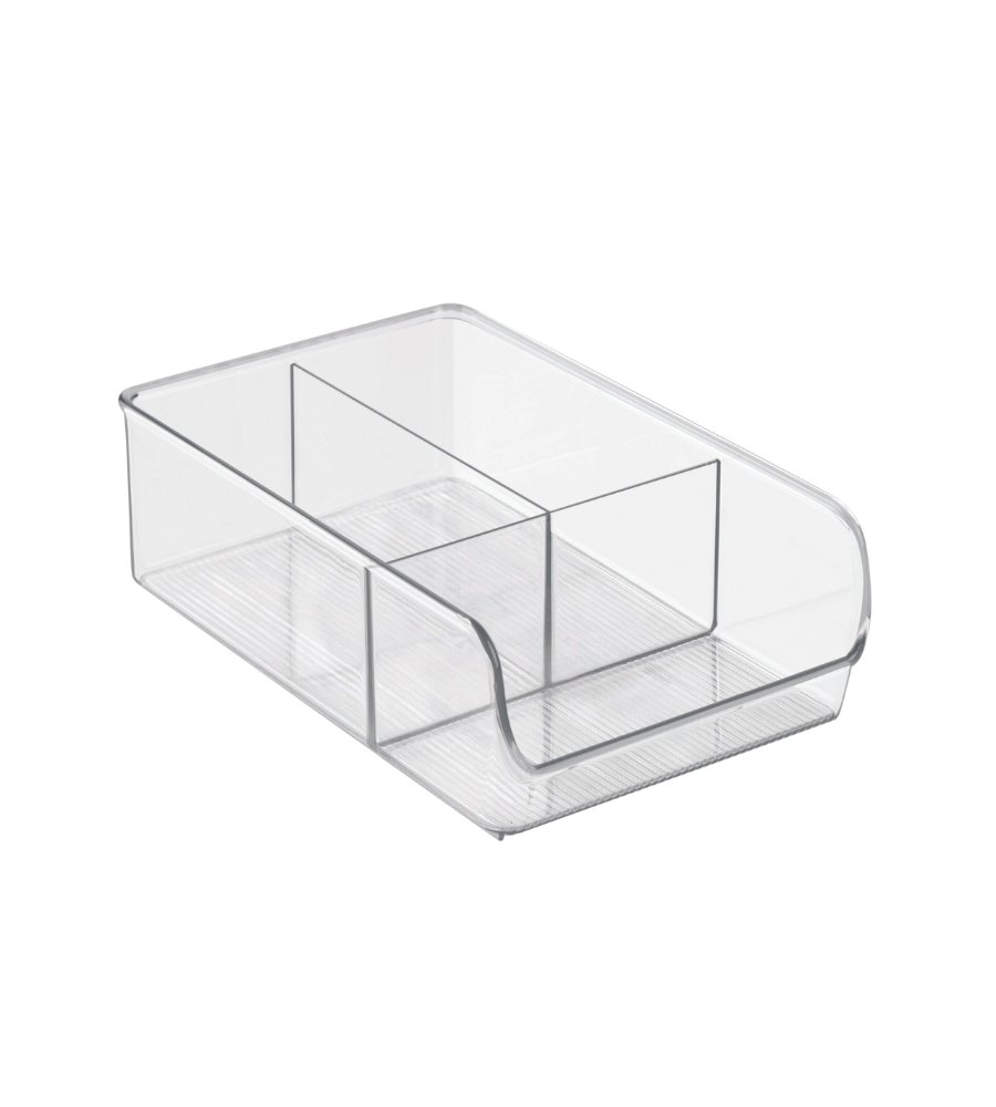 Vielseitig einsetzbar: Der iDesign LINUS Aufbewahrungsbehälter KLAR bietet mit 3 Fächern, geraden Seiten und strukturierter Basis optimale Ordnung. Die Box ist leer und steht auf weißem Hintergrund.