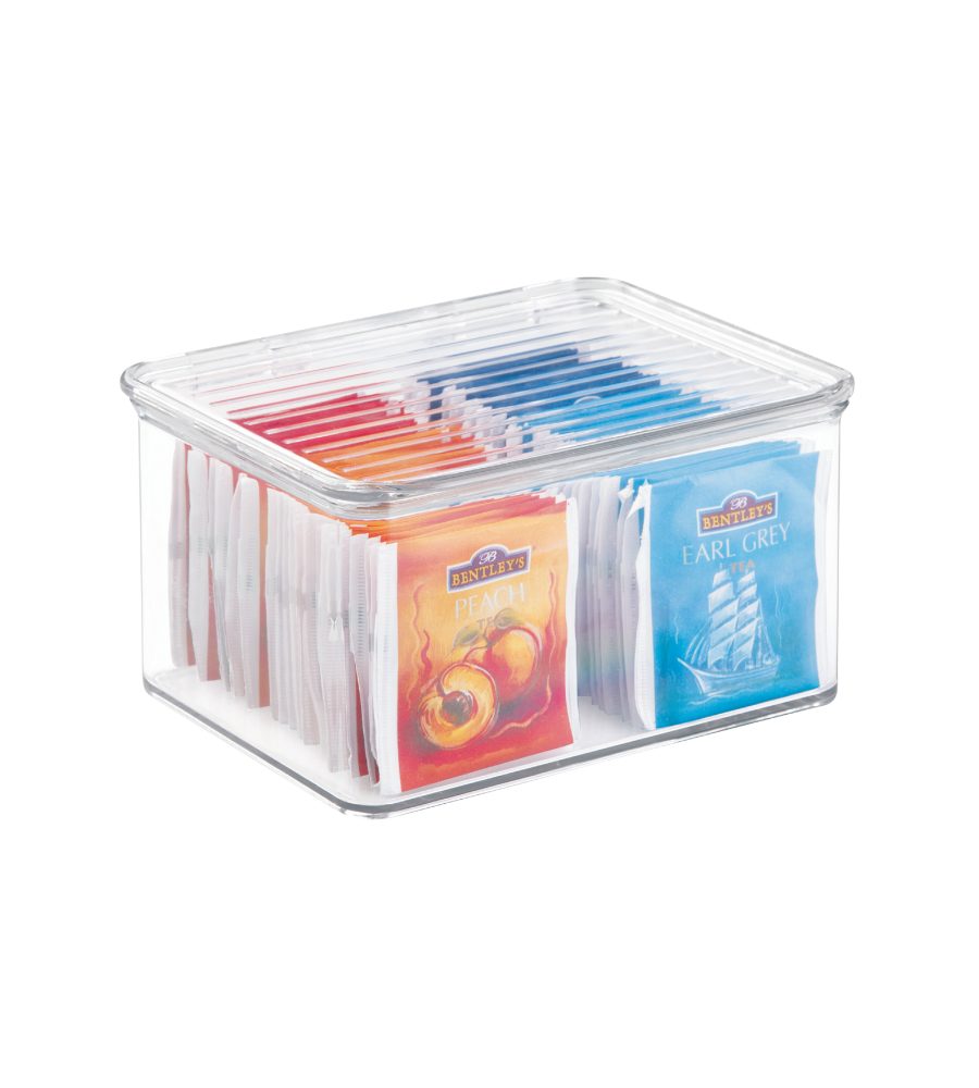 Durchsichtige Box mit Teepackungen in Farben; links „Bentley's Peach“, rechts „Earl Grey“.