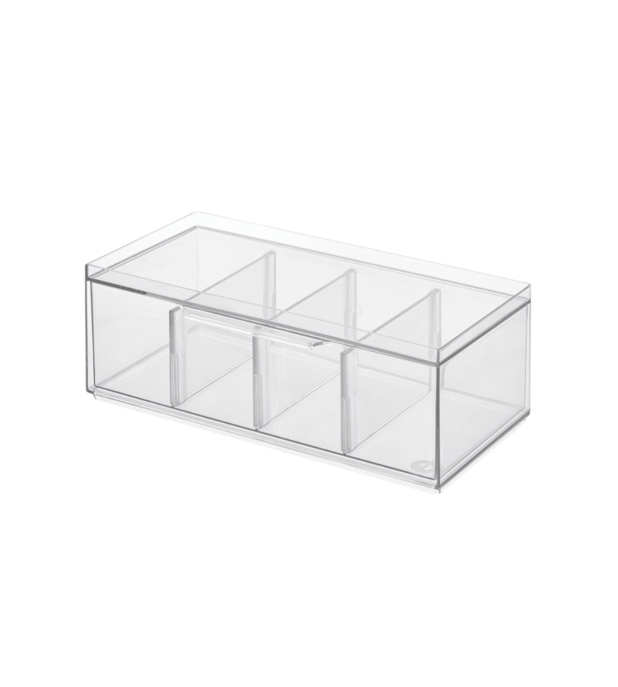 Die iDesign CRISP - Aufbewahrungsbox Tee KLAR mit vier herausnehmbaren Fächern wird auf schlichtem weißem Hintergrund präsentiert.