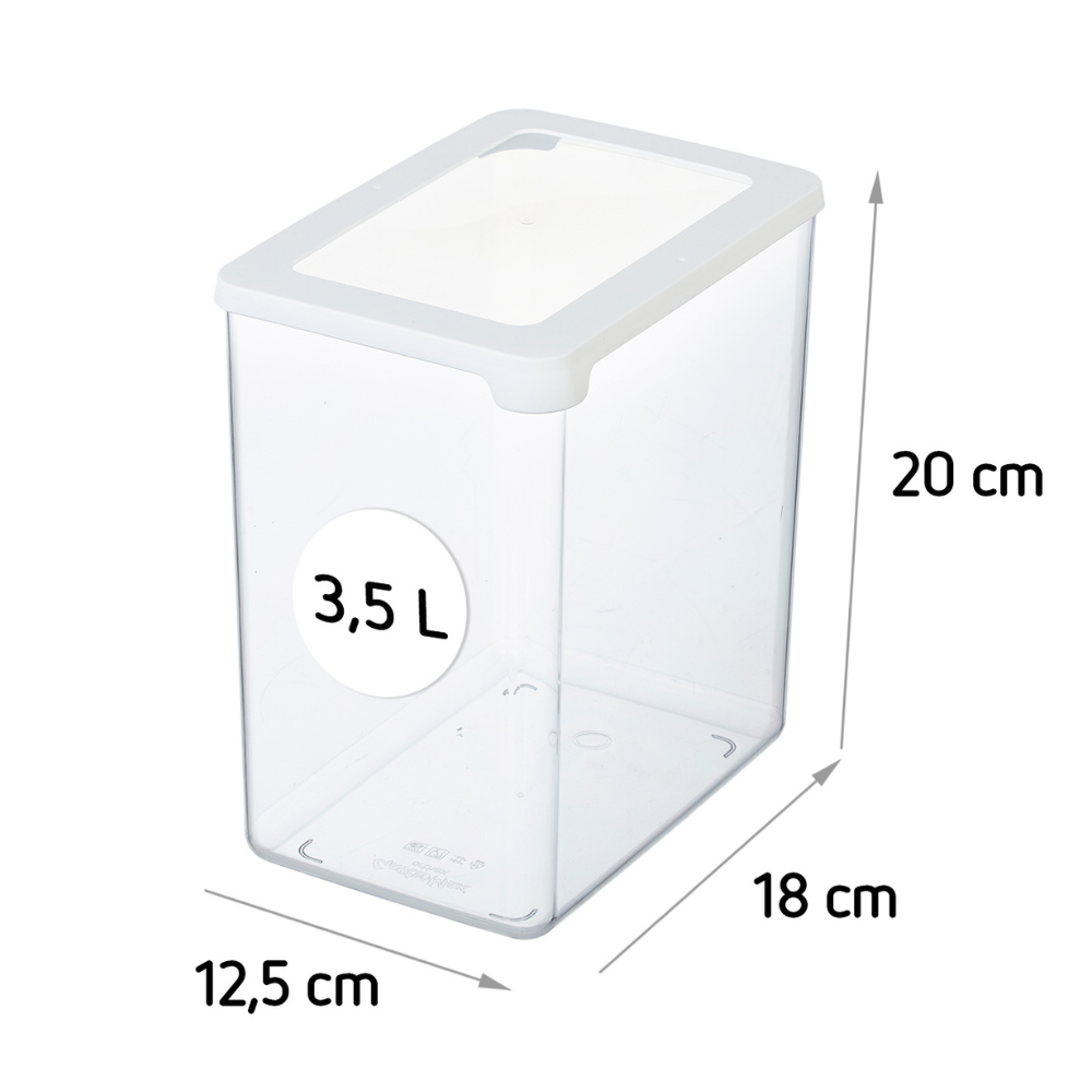 Die Orthex SmartStore Vorratsdosen KLAR - Weiss ist ein klarer, rechteckiger 3,5-Liter-Kunststoffbehälter mit luftdichtem weißem Deckel und den Maßen 20x18x12,5 cm - perfekt für die organisierte und stapelbare Aufbewahrung.
