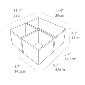 Eine Strichzeichnung des SOFT Organizer Beige - Set 3 Stk. von Bigso zeigt drei rechteckige Boxen mit offener Oberseite (jeweils 14,5 cm breit und 11 cm hoch), wobei der gesamte Organizer 29 cm pro Seite misst und somit eine vielseitige Aufbewahrung ermöglicht.