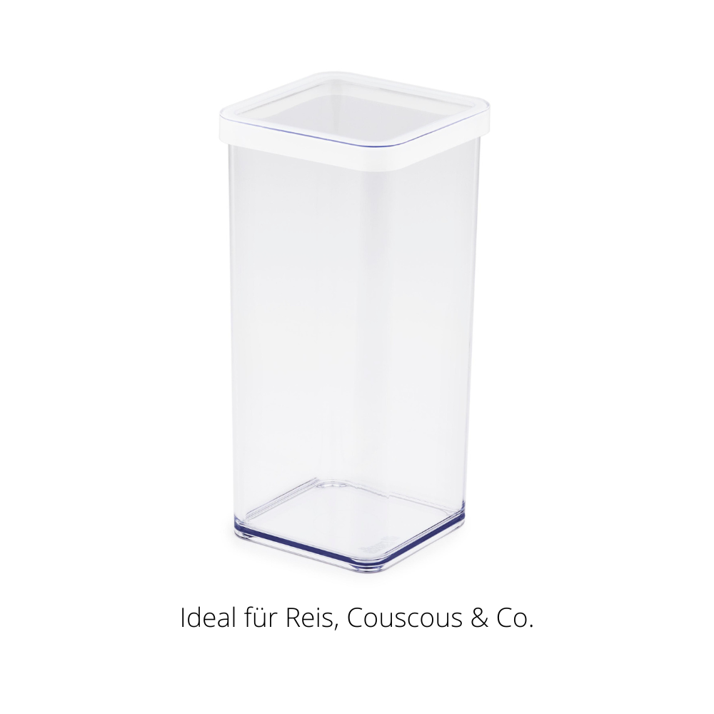 Transparent plastic container with white lid, text: "Ideal for rice, couscous, etc."