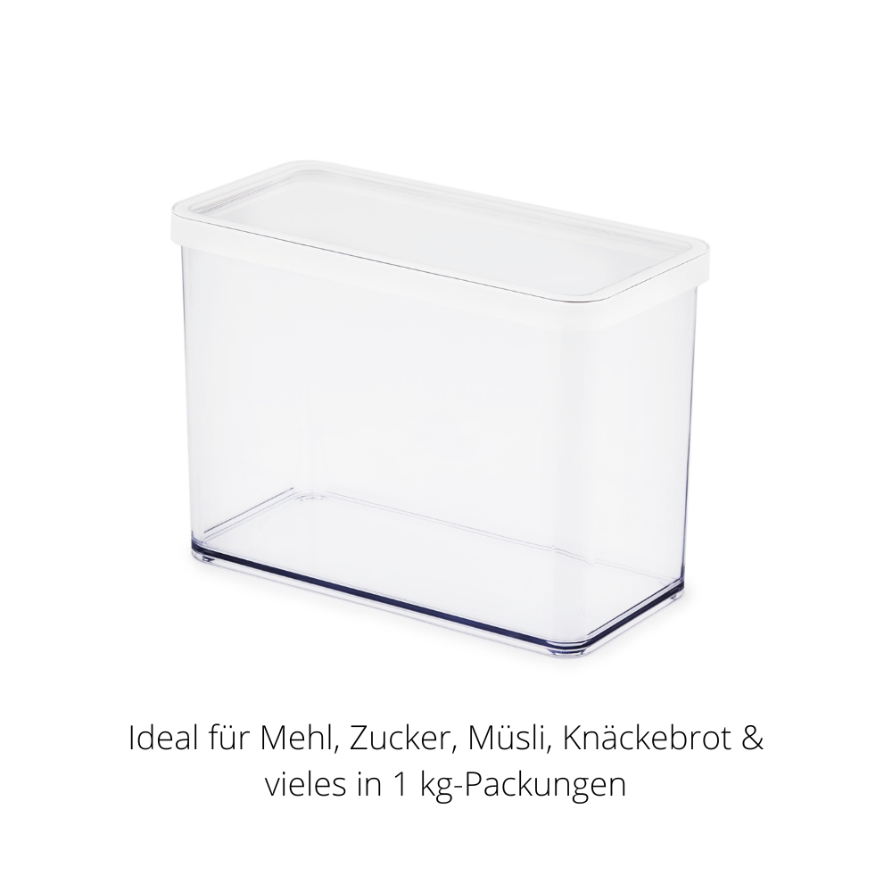 Rectangular plastic container with lid, standing on a white background. Text: "Ideal for flour, sugar, cereal, crispbread."