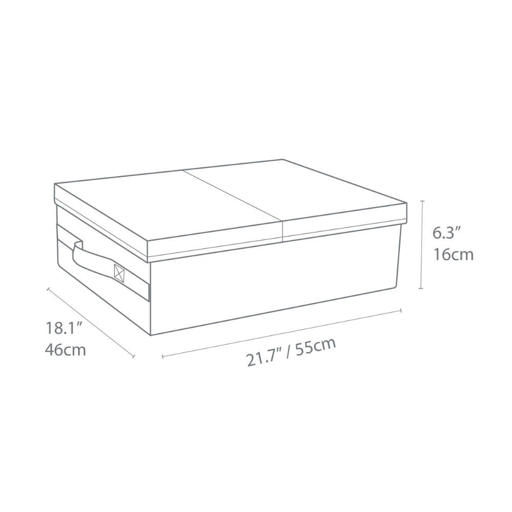 Strichzeichnung der Bigso SOFT Aufbewahrungsbox Beige mit Griff, ideal für Unterbett-Lagerung; Abmessungen: 21,7" (55 cm) L x 18,1" (46 cm) B x 6,3" (16 cm) H.