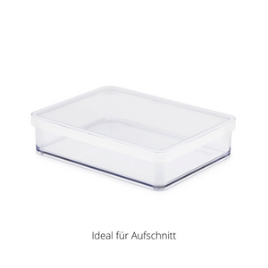 Rechteckige Frischhaltebox auf hellem Hintergrund. Text: „Ideal für Aufschnitt“.